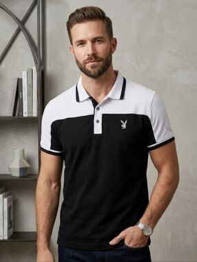 PLAYBOY Men's Black White 100% Cotton Collared Casual Short Sleeve Polo Shirt L